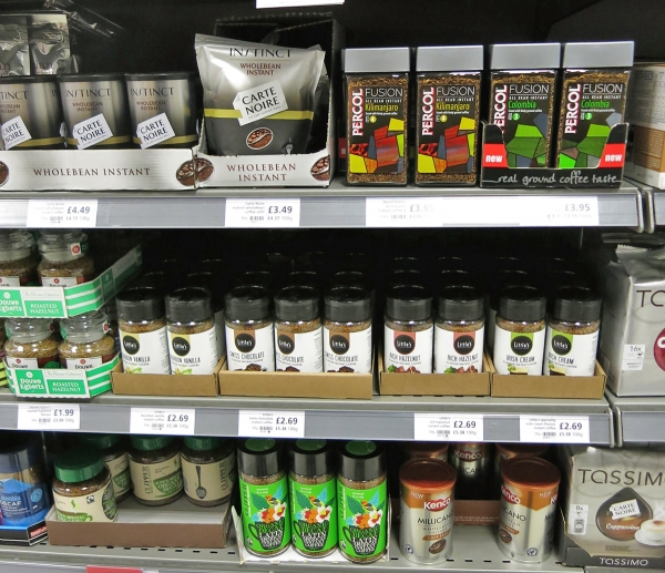 Several Instant Coffee Blends on a Supermarket Shelf