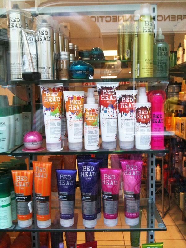 Bed head products on a shop window