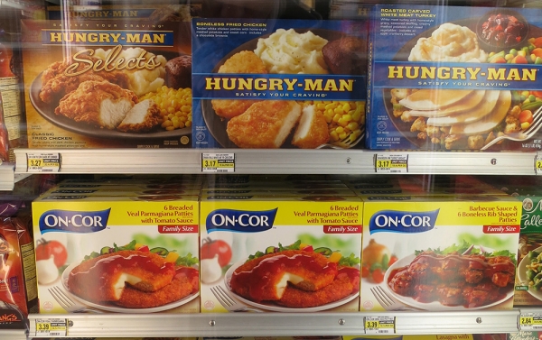 Hungry Man Ready Meals on a Supermarket Refrigerator