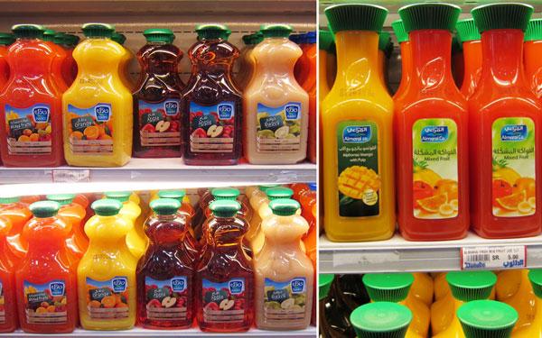Several juice brands with carafe shaped bottles
