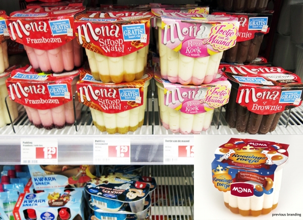 Dutch brand Mona desserts on shelf in a Dutch supermarket