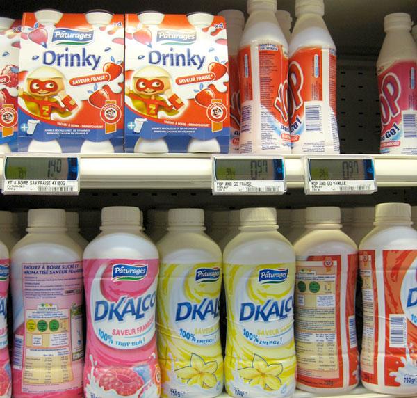 Drinkables yoghurts on Intermarché supermarket shelf