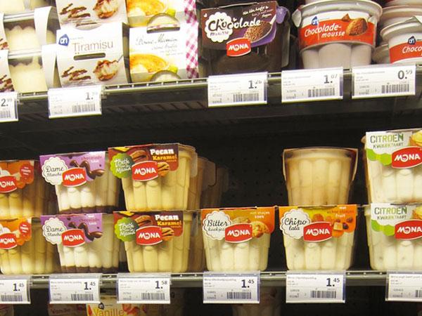 Mona desserts on shelf in a Dutch supermarket