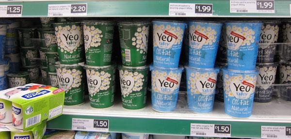 Yeo yoghurt on supermarket shelf