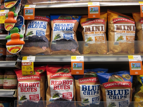 Non GMO Snacks on a Supermarket Shelf