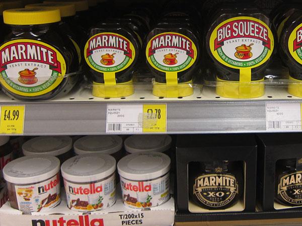 Marmite jars on a supermarket shelf