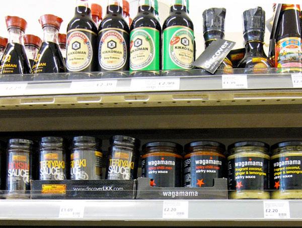 Sauce bottles on shelf