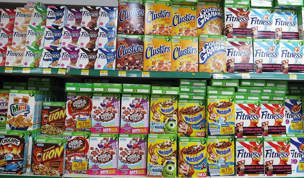 Several Cereals Packages on Shelf